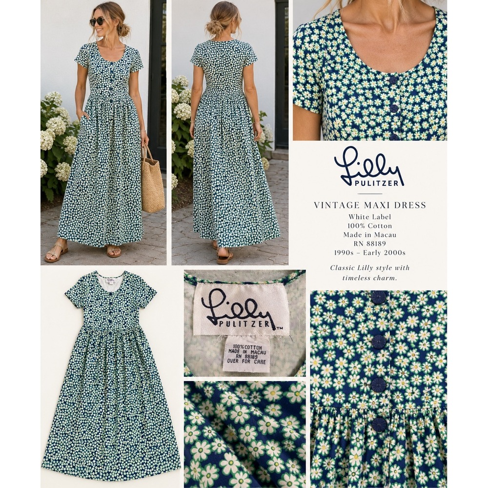 Vintage Lilly Pulitzer White Label Cotton Daisy Maxi Dress Blue Green Floral S